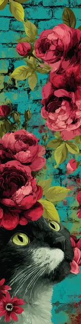 Cat bookmarks featuring a white and black cat with teal brick wall